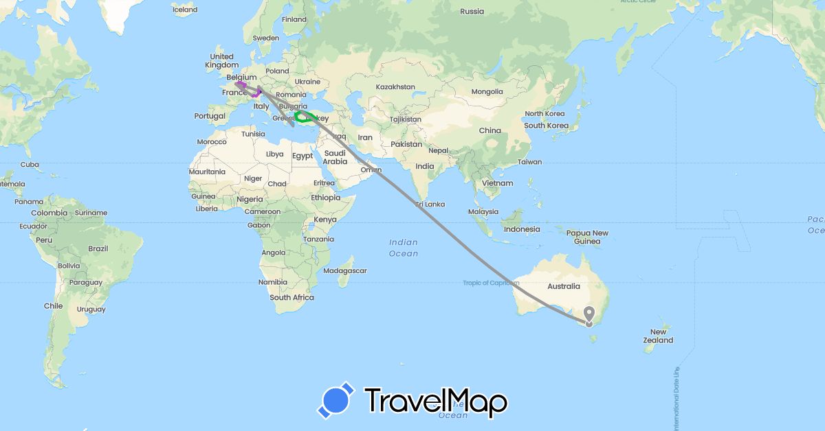 TravelMap itinerary: driving, bus, plane, train, boat in Australia, Germany, France, Greece, Italy, Qatar, Turkey (Asia, Europe, Oceania)