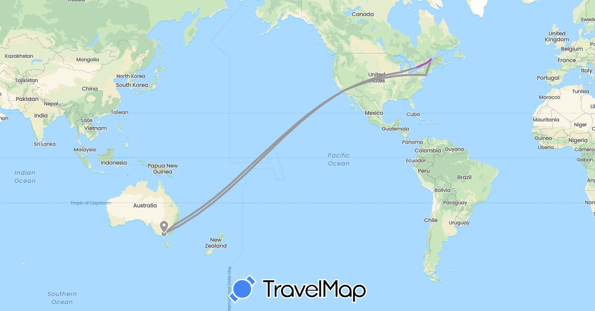 TravelMap itinerary: driving, plane, train in Australia, Canada, United States (North America, Oceania)